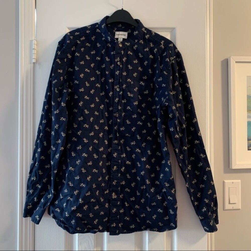 Frank and Oak Men’s Navy Blue Patterned Long Sleeve Button Down Shirt